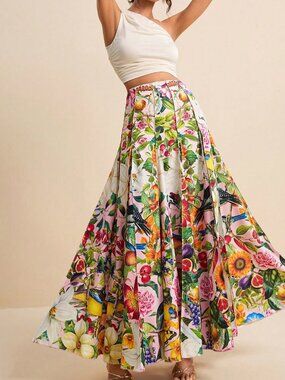 Multicolor Boho Women's Tropical Floral Allover Print Pleated Skirt